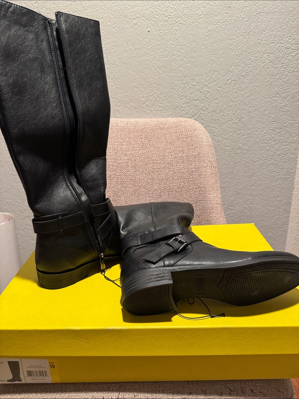 Kenneth Cole Reaction Black Tall Riding Boots with Buckle Detail